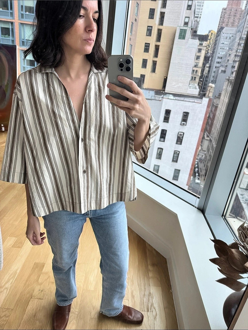 A PIECE APART Striped Cotton Blouse in Brown & White